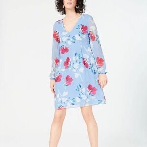 INC Blue Floral V Neck Long Sleeve Shift Dress, Women’s Size XS